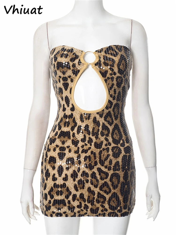 Vhiuat Sexy Bodycon Strapless Sleeveless Leopard Print Sequins Skinny Mini Dress Female Party Night Club Summer Short Vestidos