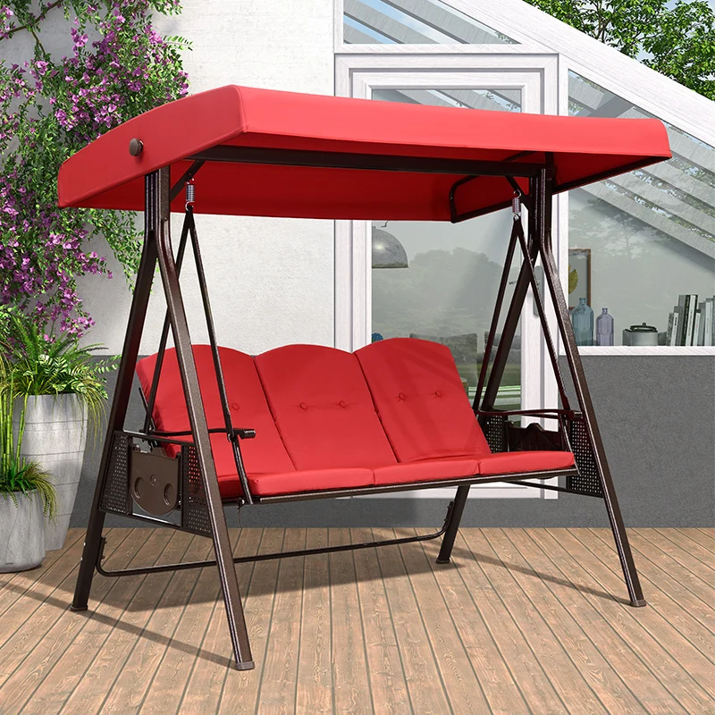 Modern Outdoor Steel Swing Chair in Grass Green and Sky Blue 3-Person Garden Patio Swings with Sunshade Rattan Material