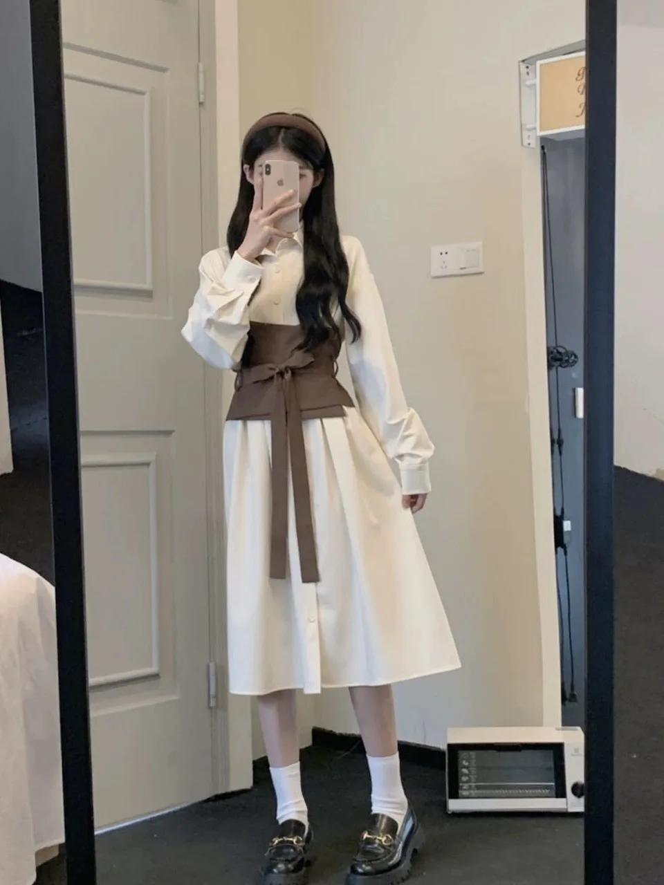 Women New French White Shirt Long Dress With Belt Spring Autumn New Style Temperament Shrinking Waist Slimming Short Dresses