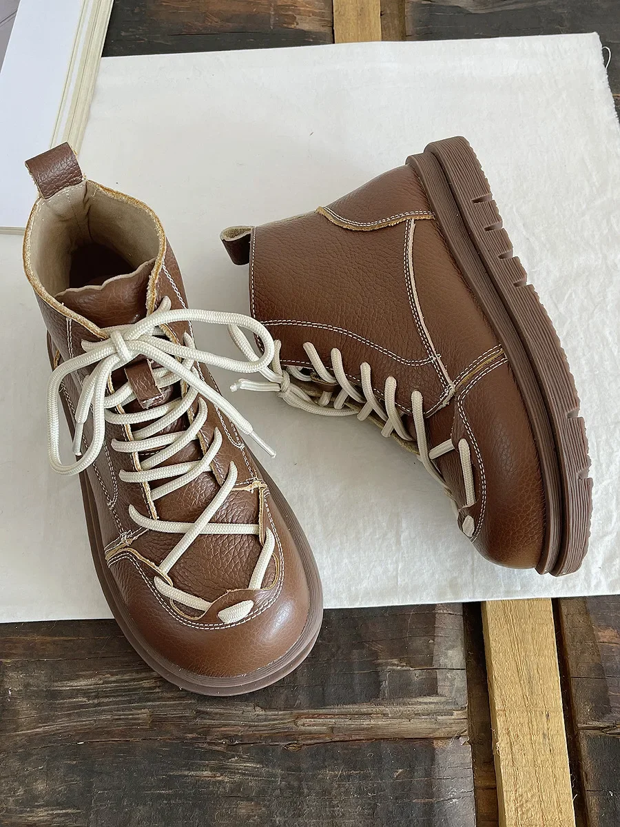 Careaymade-Bottes courtes en cuir véritable pour femmes, chaussures artistiques, originales, faites à la main, rondes, Parker laçage rétro, hiver