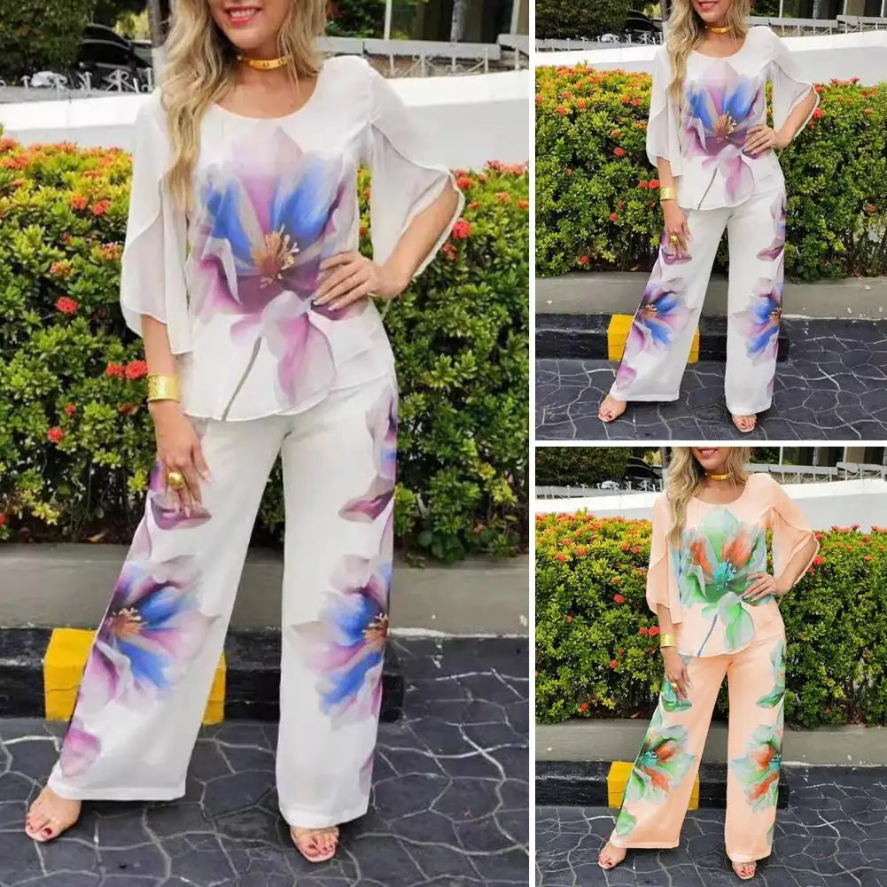 Fall Spring Two-piece Set Floral Print Women's T-shirt Pants Set with Irregular Sleeves Elastic Waist Colorblock for Women