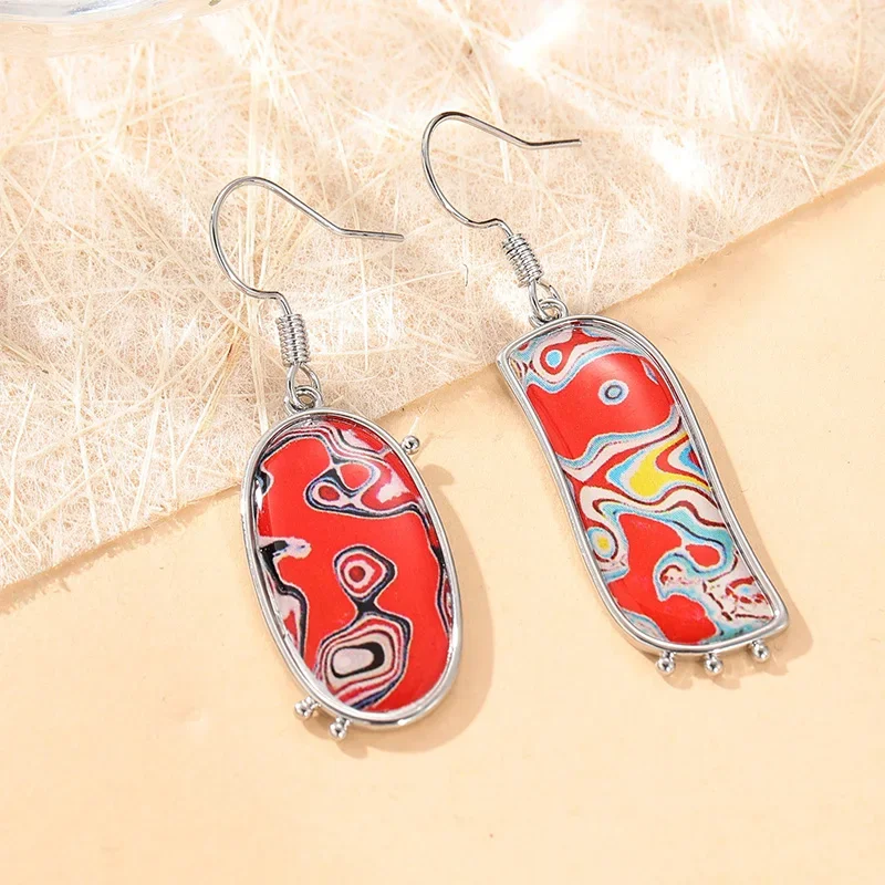 Delicate Geometric Enamel Retro Pendant Earrings For Women Bohemian Style Red Ripple Aesthetic Earrings Fashion Jewelry Gifts