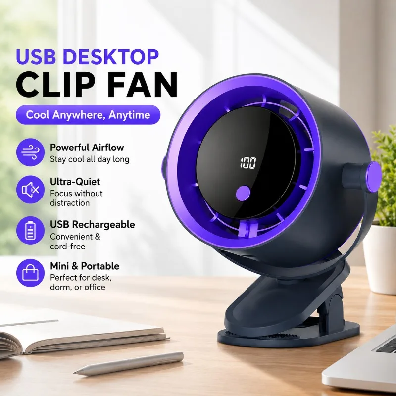 Desk Clip Fan Quiet Mini Cooler USB Rechargeable Portable Air Cooler for Student Dormitory Office Space Compact Silent Ventilato