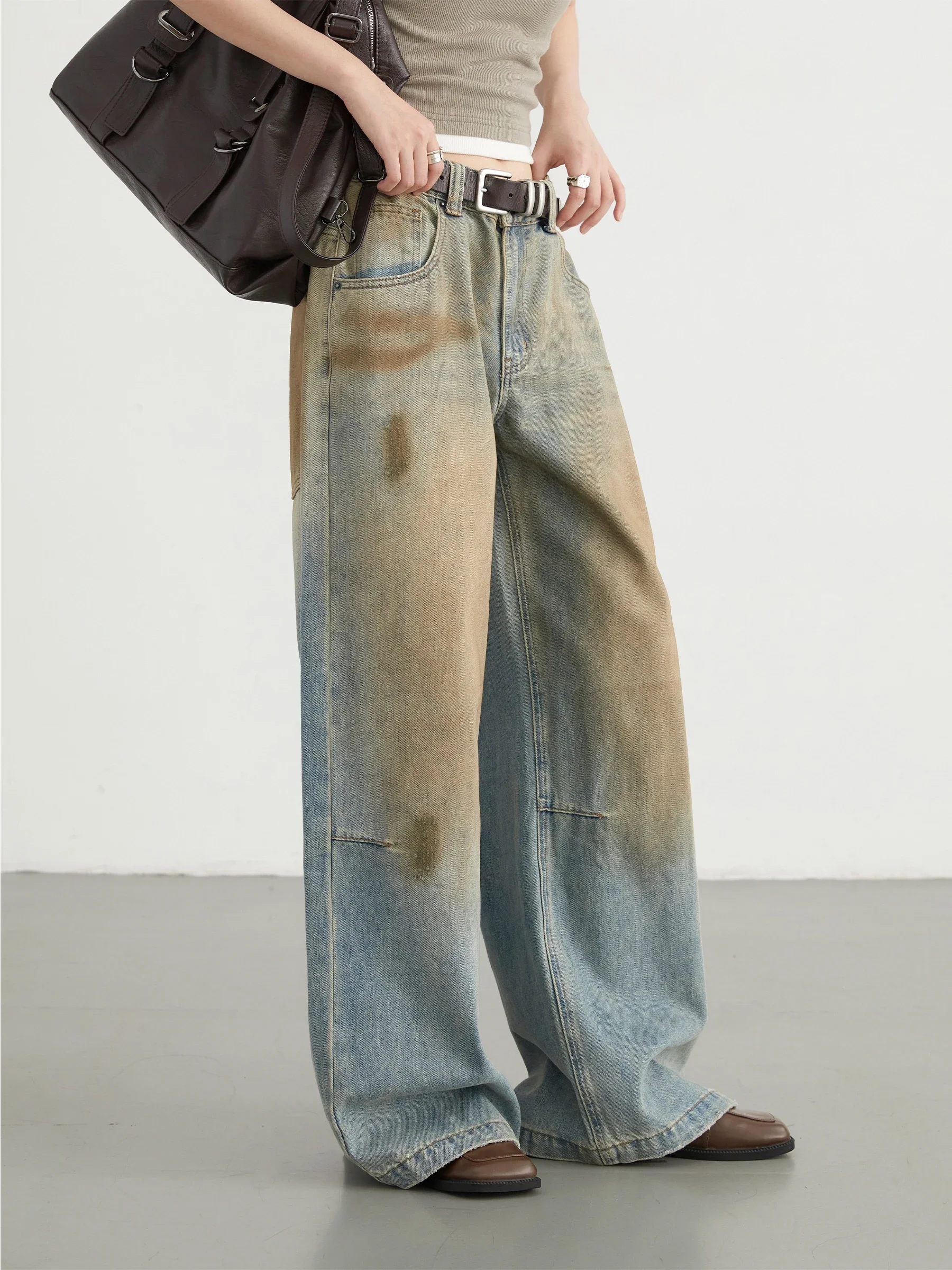 CHIC VEN Women High Waisted Dirty Dyed Jeans Vintage Casual Wide Leg Denim Pants Female Trousers Autumn 2024