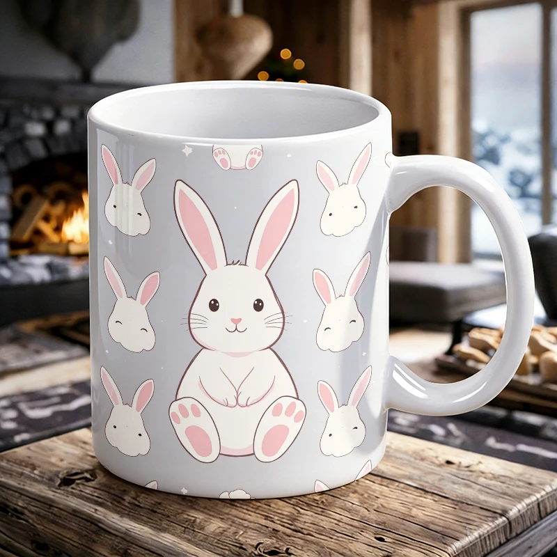 

1PCS Soft Cute White Rabbit Face Full-Print Ceramic Mug, Coffee Cup, Milk Cup, Office Tea Cup, Drinking Cup, Fade-Resistant