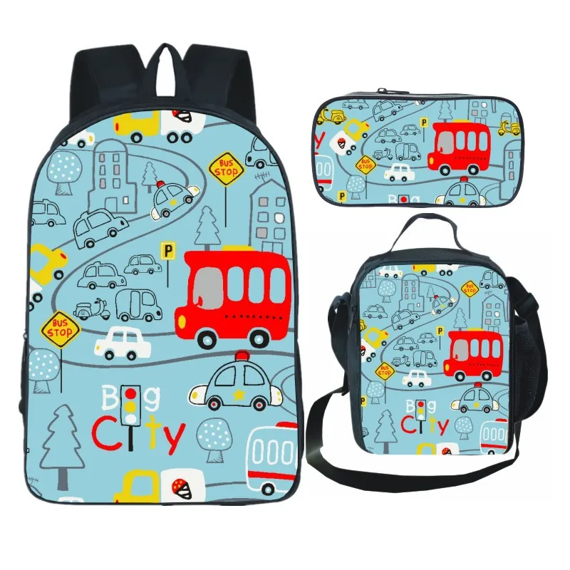 Cartoon Transport Auto 3 teile/satz Rucksack 3D-Druck Schüler Bücher tasche Laptop Daypack Umhängetasche Bleistift Fall leichte Tasche