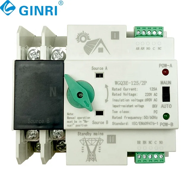 2P 100A 125A Din Rail  ATS Dual Power Automatic Transfer Switch for Solar Power System