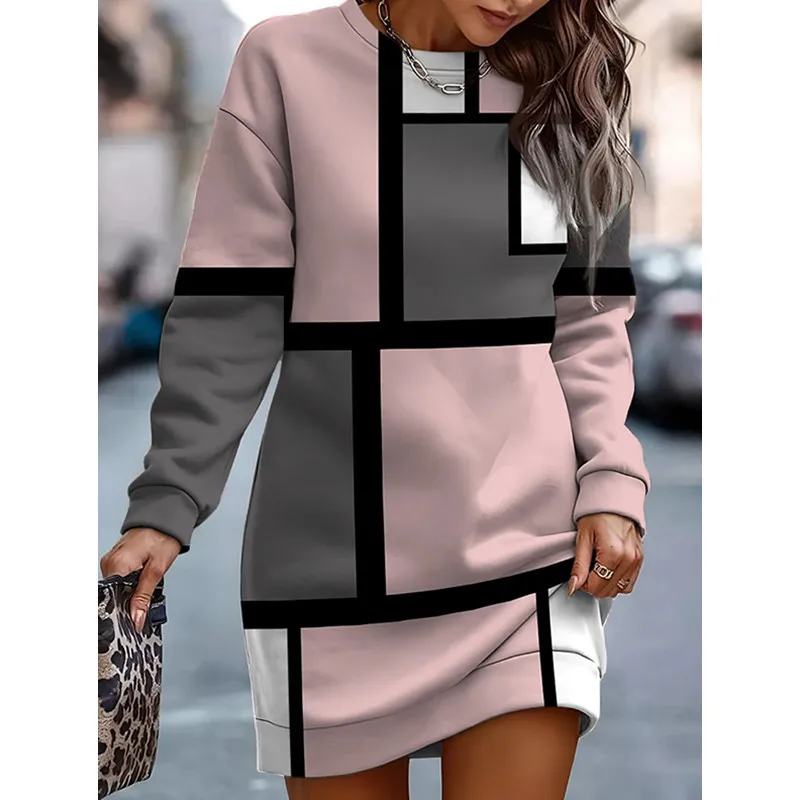 

Autumn and Winter Women's Pullover Round Neck Stripe Print Contrast Color Long Sleeve Sweater Fashion Casual Loose Dress