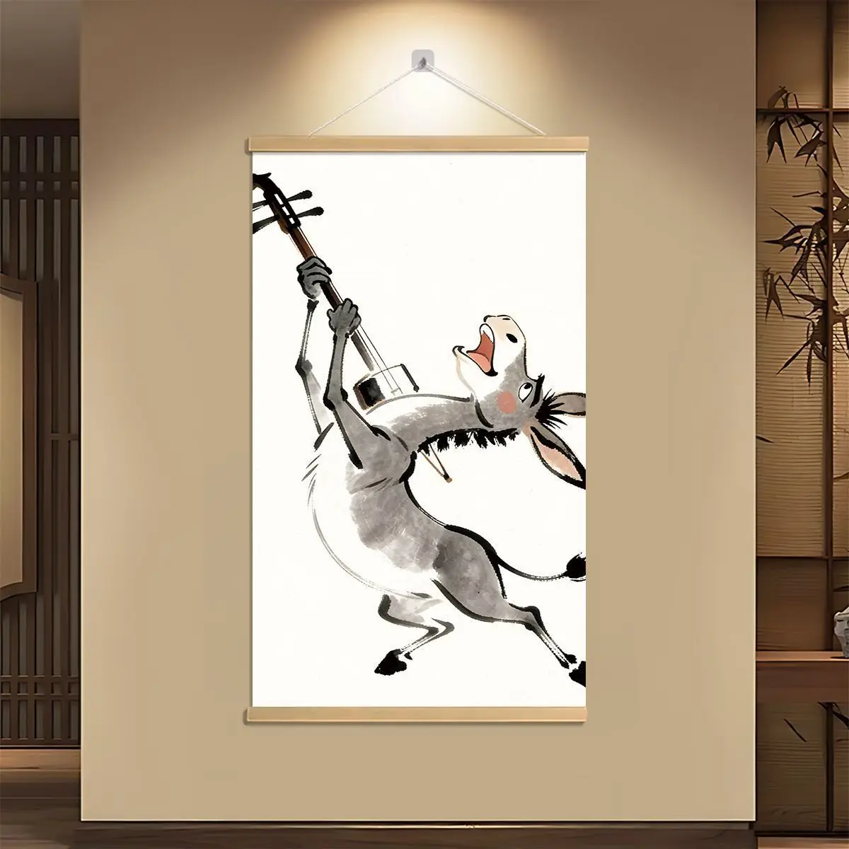 Chinese Ink Donkey Playing Violin Scroll Painting Canvas Wall Art Vertical Hanging for Living Room Bedroom Office Home Decor