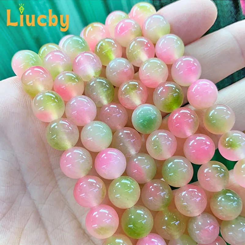 Peach Jade Marrow Chalcedony Natural stone pink green beads for Jewelry Making DIY Bracelets Accessories 15\