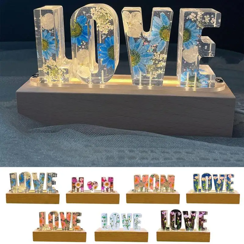 Cute  Floral Letter Night Lights Decorative Resin Lamp Wooden Lighted Base Stand For DIY Table Crafts Party Wedding Desktop