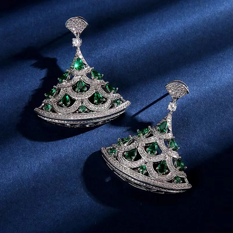 

Fashion cross-border high-end jewelry female green water drop zircon fan girl evening earrings