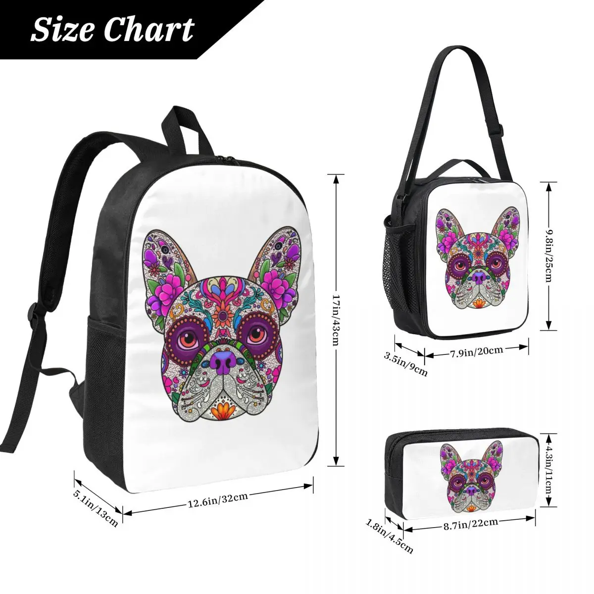Mexican Day Of The Dead Dog Frenchie Backpack BookBag School Bag Computer Shoulder Bags 3ps Insulated Lunch Bag Pencil Case