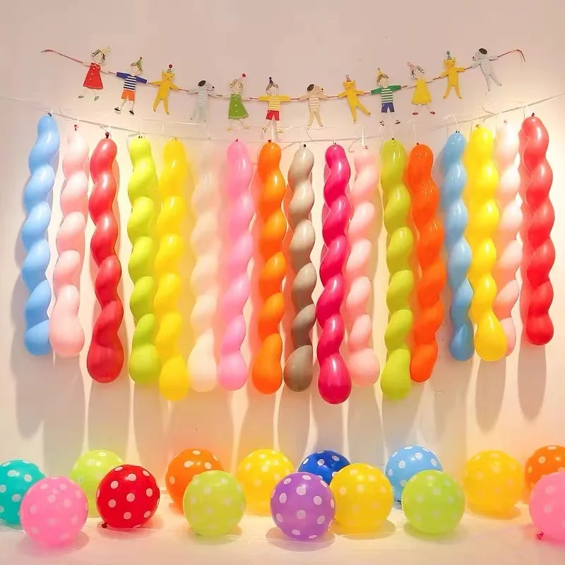 100pcs Balloon Long Strip Spiral Style Color Latex Gathering Party Birthday Wedding Decoration Balloon Design with Inflator