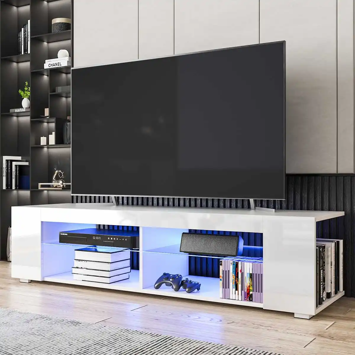 Modern TV Stand High Gloss Bookshelves With LED Light 4-Shelf Console Cabinet Home Office TV bracket Living Room Furniture