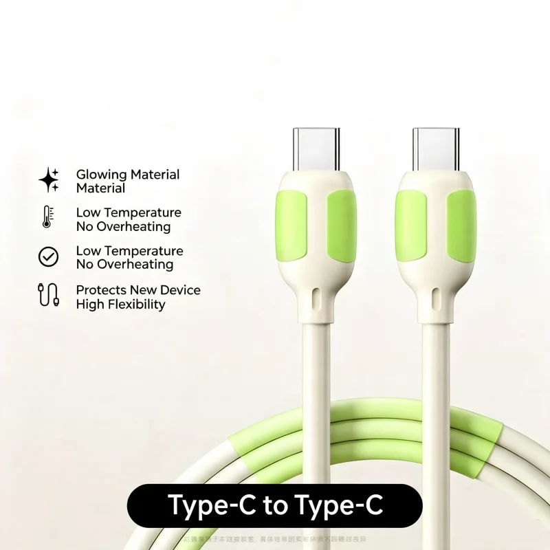 Dual Type-C 100W Super Fast Charge Cable Luminous Soft Silicone Charger Cord With LED Light High Speed Data Transfer Line