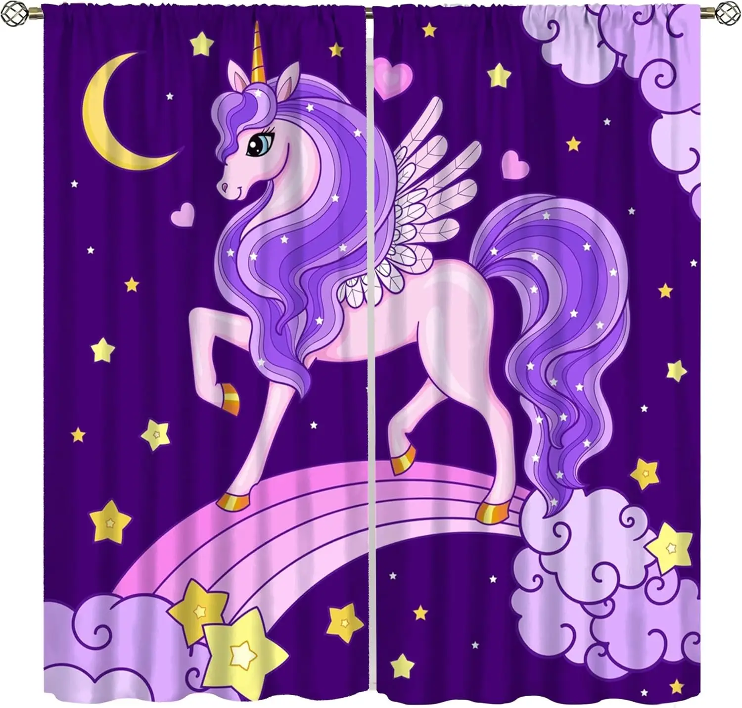 Purple Unicorn Curtains for Girls,Fantasy Mystery Fairytale Purple Clouds Stars Magic Unicorns Window Drapes for Kids Nursery