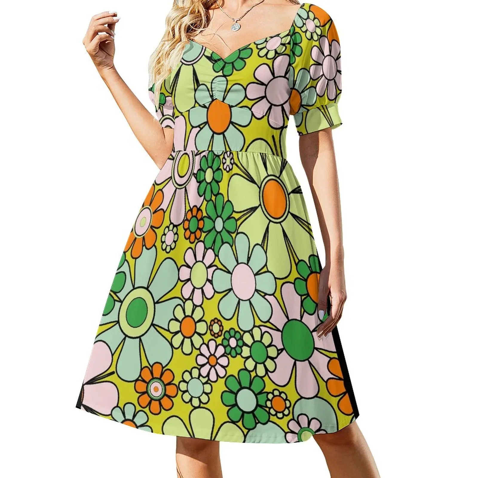 Retro Garden Flowers Groovy 60s 70s Spring Pastel Floral Pattern Lime Green Orange Pink Black Short Sleeved Dress