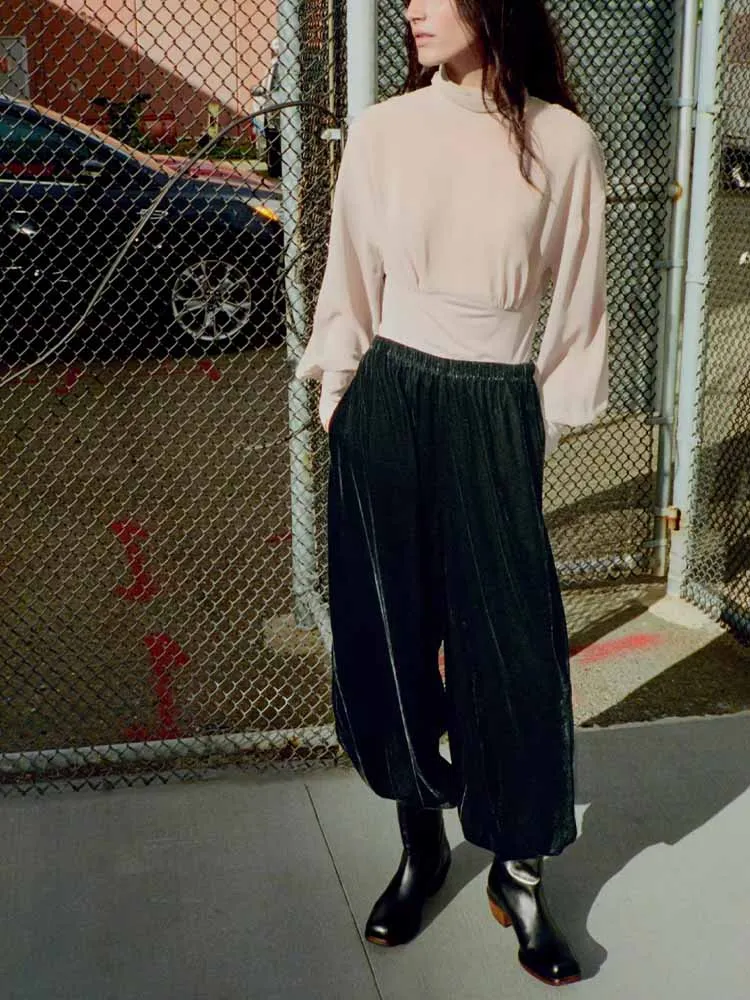 

European and American style winter new women's casual stand-up collar long-sleeved georgette bodysuit with back design