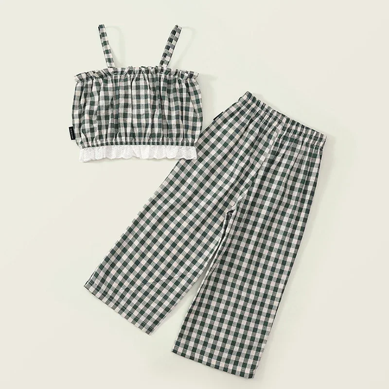 2025 New Summer 2-7Yrs Baby Girls Clothing Set Korean Style Children Clothes Suit Sleeveless Cotton Grid Vest+Pants