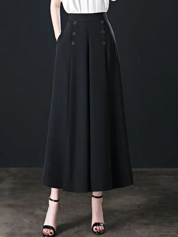 Summer Thin High Waist Wide Leg Pants Loose Comfortable Mid-aged And Elderly Women's Nine-point Skirt Pants Casual Style