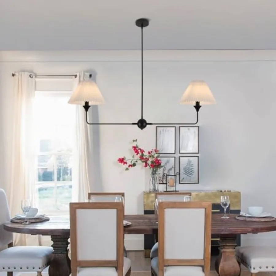 Modern Linear Chandelier 2-Light Linear Kitchen Island Lighting Fixture with Off-White Fabric Shade Black Dining Room Light Fix