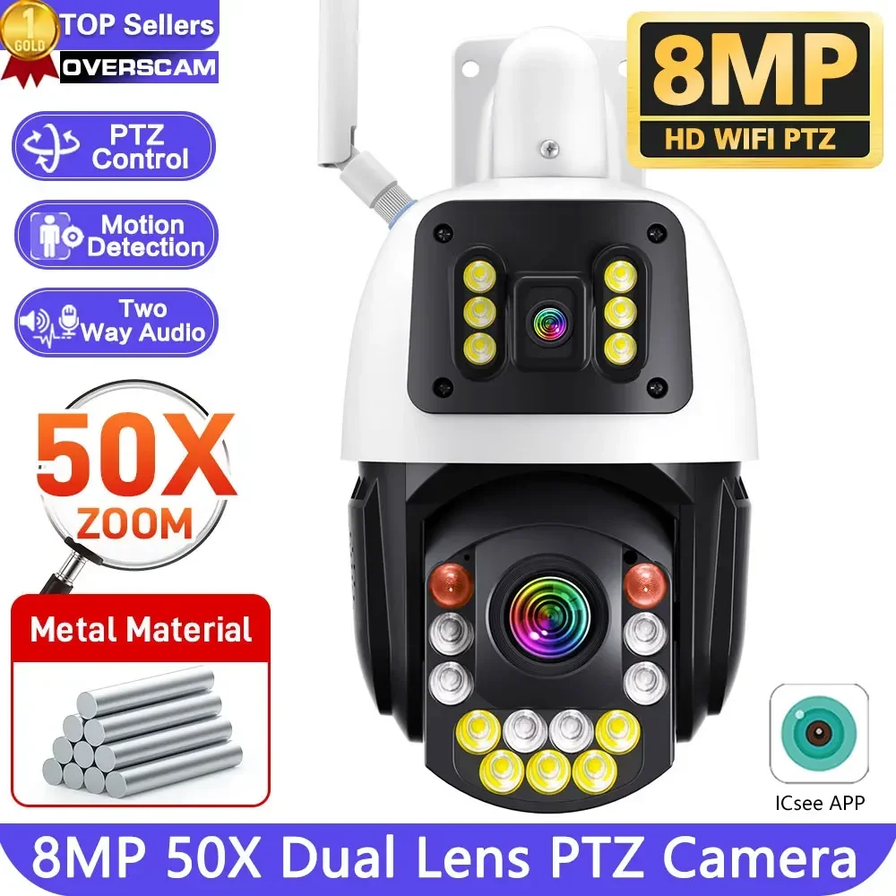 8MP Dual Screen Dual Lens Wifi Surveillance Camera 50X Zoom Auto Tracking Color Night Vision Outdoor PTZ Security Camera Icsee