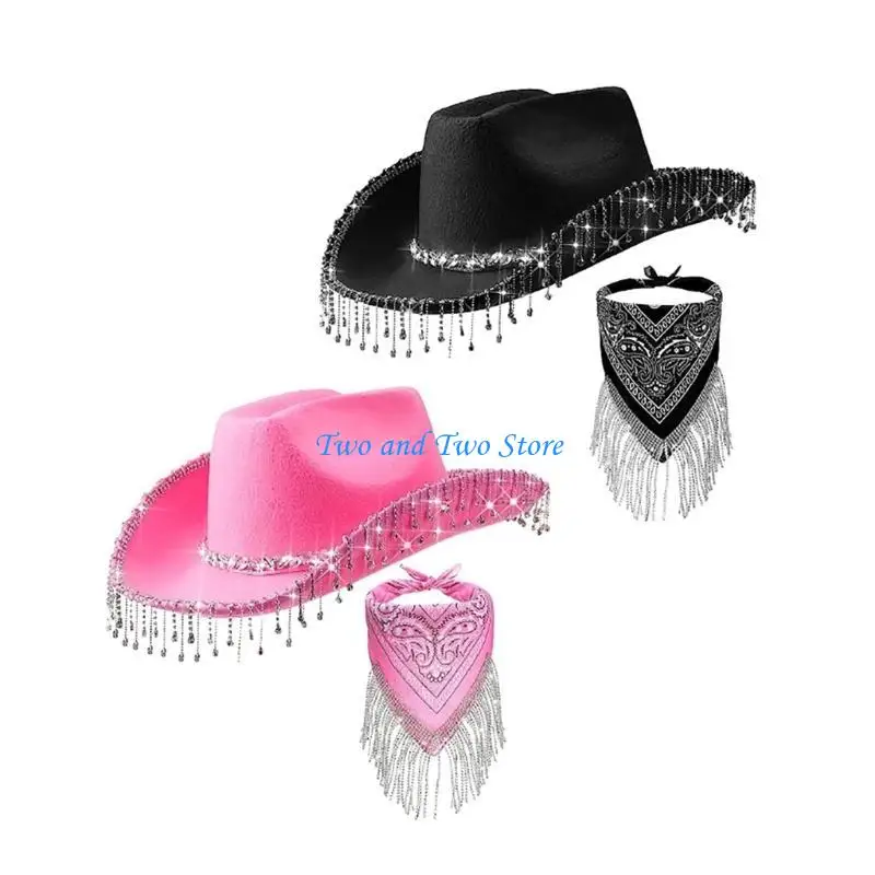 

HX6F Adult Disco Tassels Cowboy Hat Cowgirl Cap Scarf ThemeParty Costume Fashion Suit