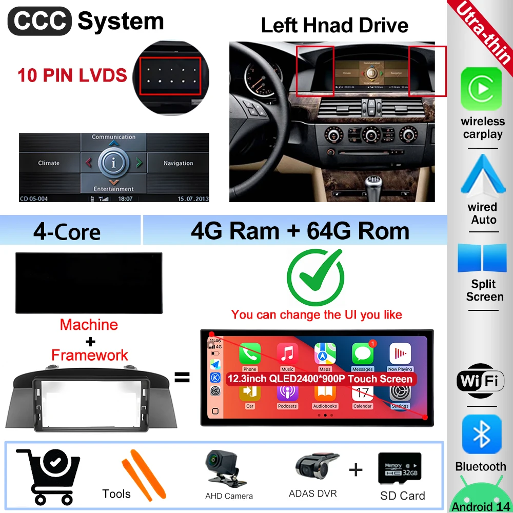 12.3" Ultra-thin Screen Android 16 BT for BMW 5 Series E60 E61 E62 2004-2008 CIC CCC System 4G Car Radio Video Multimedia Player image 3