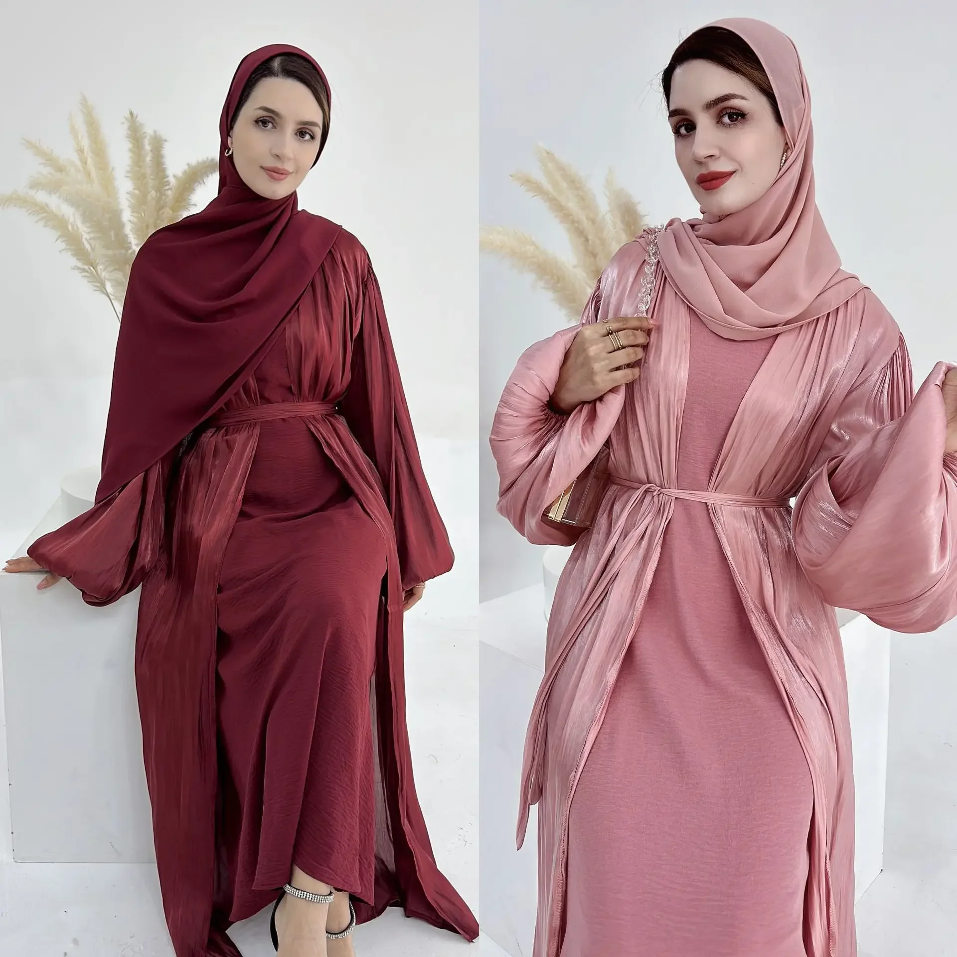 Eid Mubarak Satin Abaya with Scarf Women Muslim Silk Maxi Dress Ramadan Kimono Cardigan Dubai Turkey Kaftan Arabic Robe Jalabiya