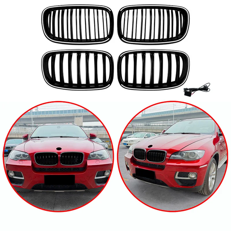 For BMW 5 Series E70 E71 2006-2013 High Quality ABS Single Line & Double Lines LED Kidney Grille Front Racing Grills Gloss Black