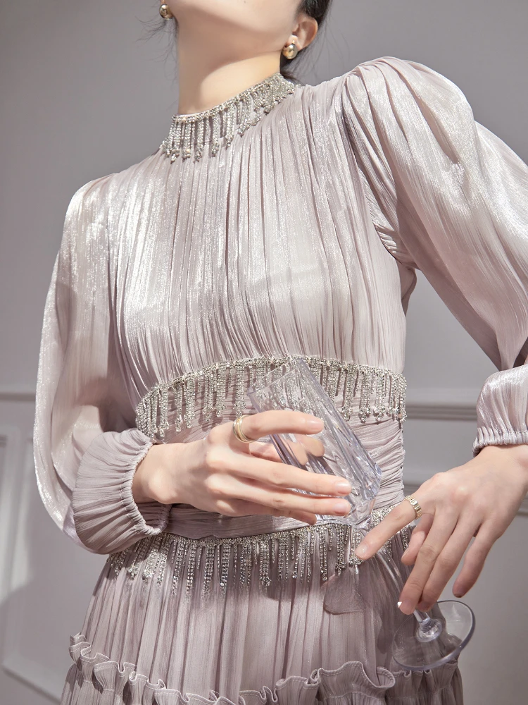 Crystal-embellished Ruffled Midi Dress Diamonds Tassel Elegant Fold Ruffles Prom Party Dresses Long Sleeve Women Clothing