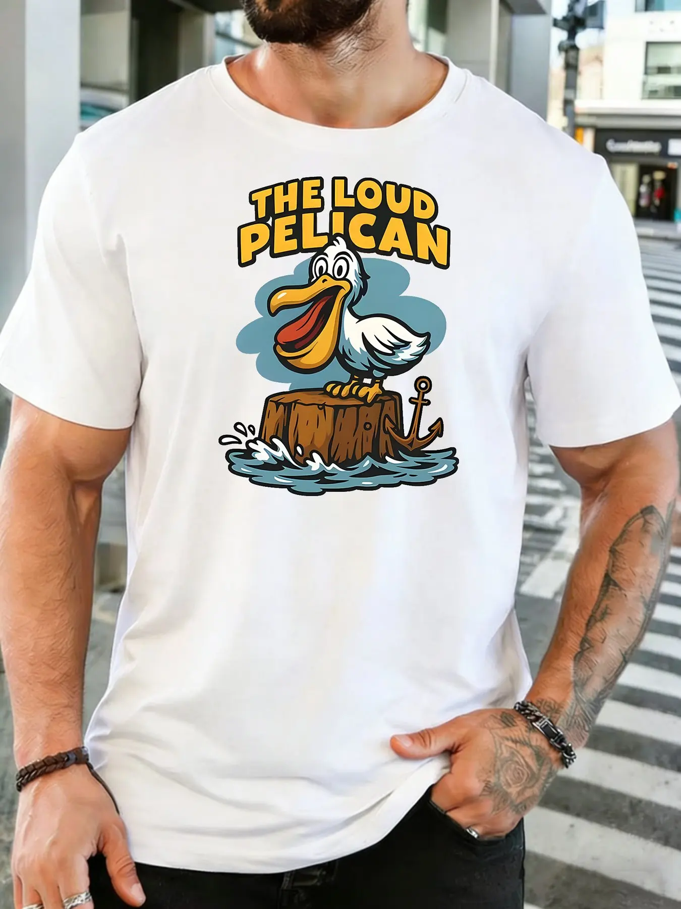 Men Olive Green Crew Neck Tee The Loud Pelican Cartoon Bird Stump Anchor Wave Retro Coastal Bird Lover Soft Cotton Casual Top