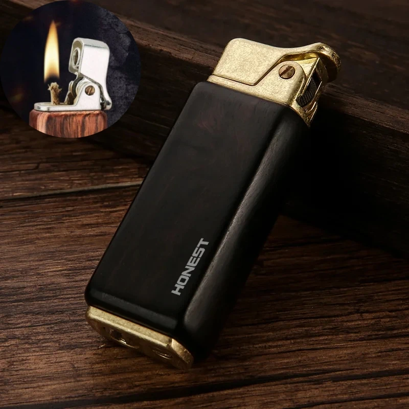 

HONEST New Sandalwood Open Flame Retro Lighter Nostalgic Vintage Personalized Press Ignition Men's Wooden Lighter Smoking Gift