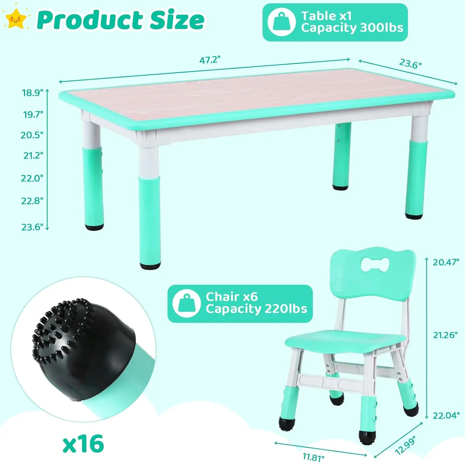 Conjunto de mesa graffiti ajustável infantil e 6 cadeiras, verde claro, para idades de 3 a 12 anos