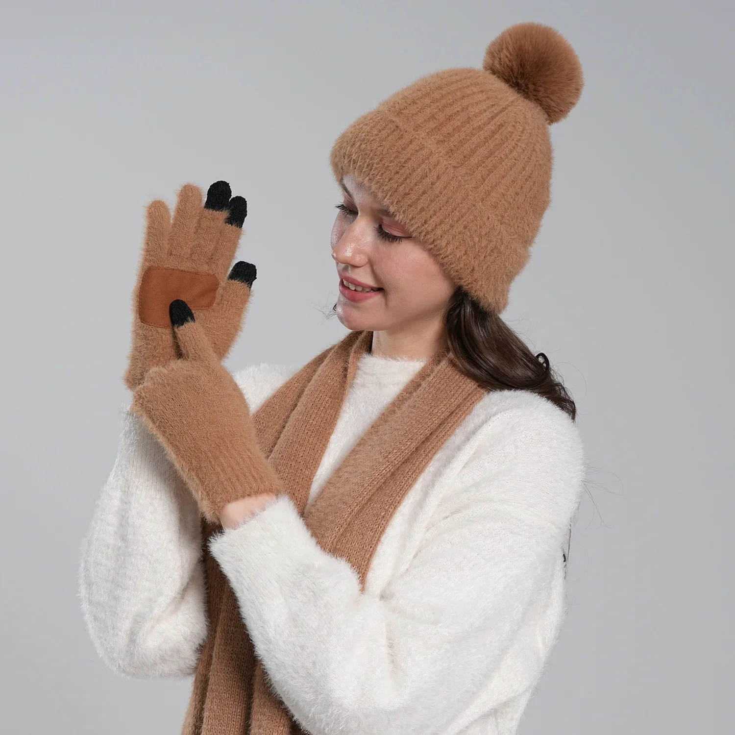 Winter Knit Hat Scarf Gloves Set for Men Women Adults Touch Screen Gloves 3 Piece Cold Weather Accessory