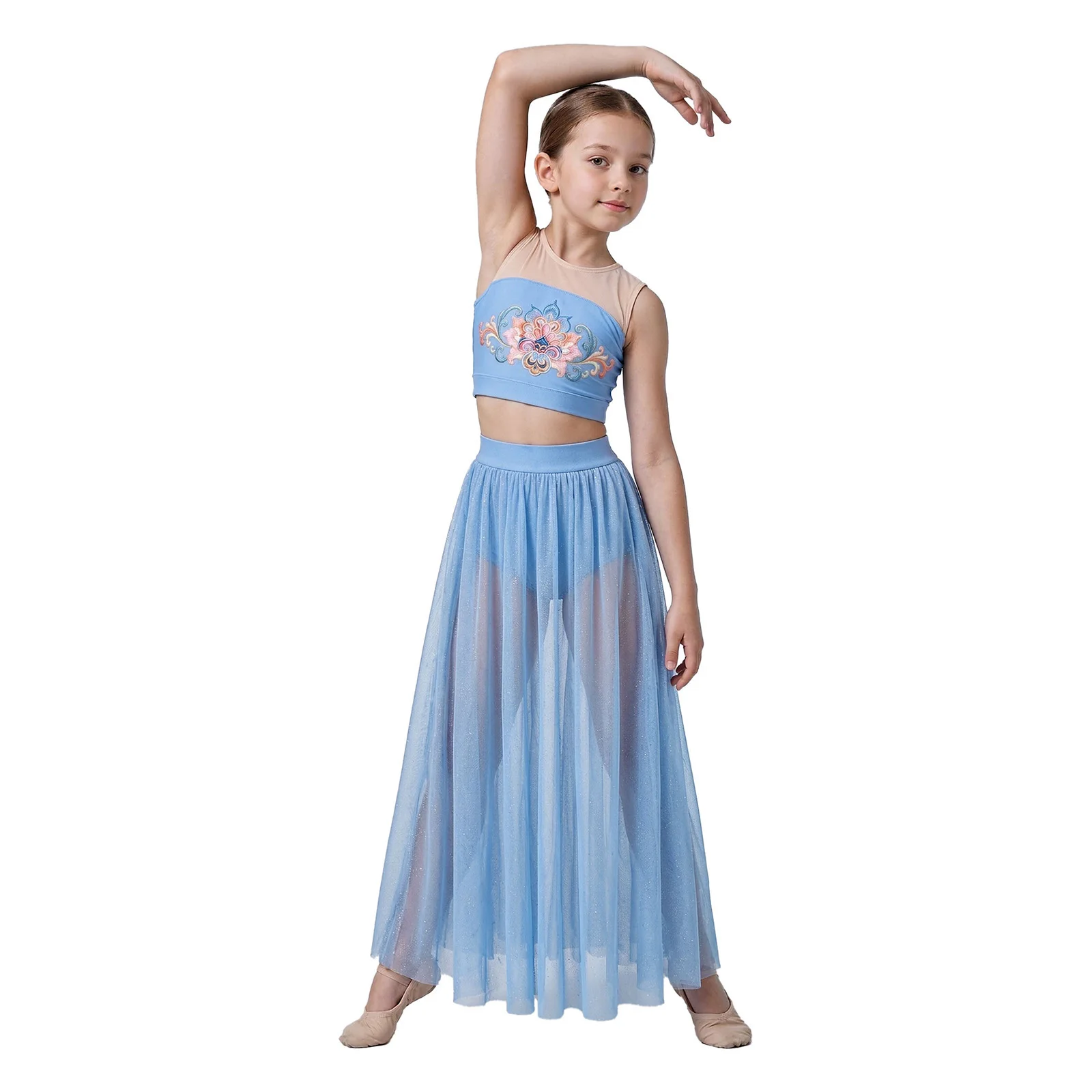 Kids Girls Lyrical Modern Contemporary Dance Costume Dancewear Embroidered Floral Print Crop Top with Shimmery Wide-leg Pants