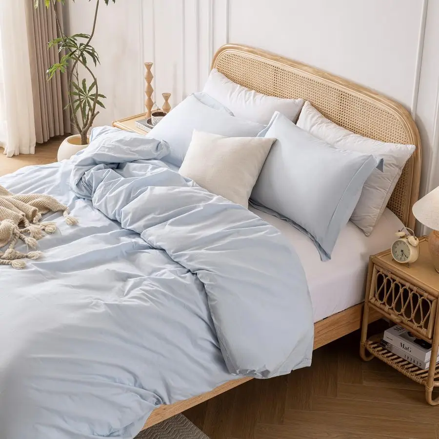 

Light Blue 100 Washed Cotton Linen Like Duvet Cover Set Queen Size, 3 Pieces, 1 Duvet Cover 90x90 Inches and 2 Pillow Shams, Sof