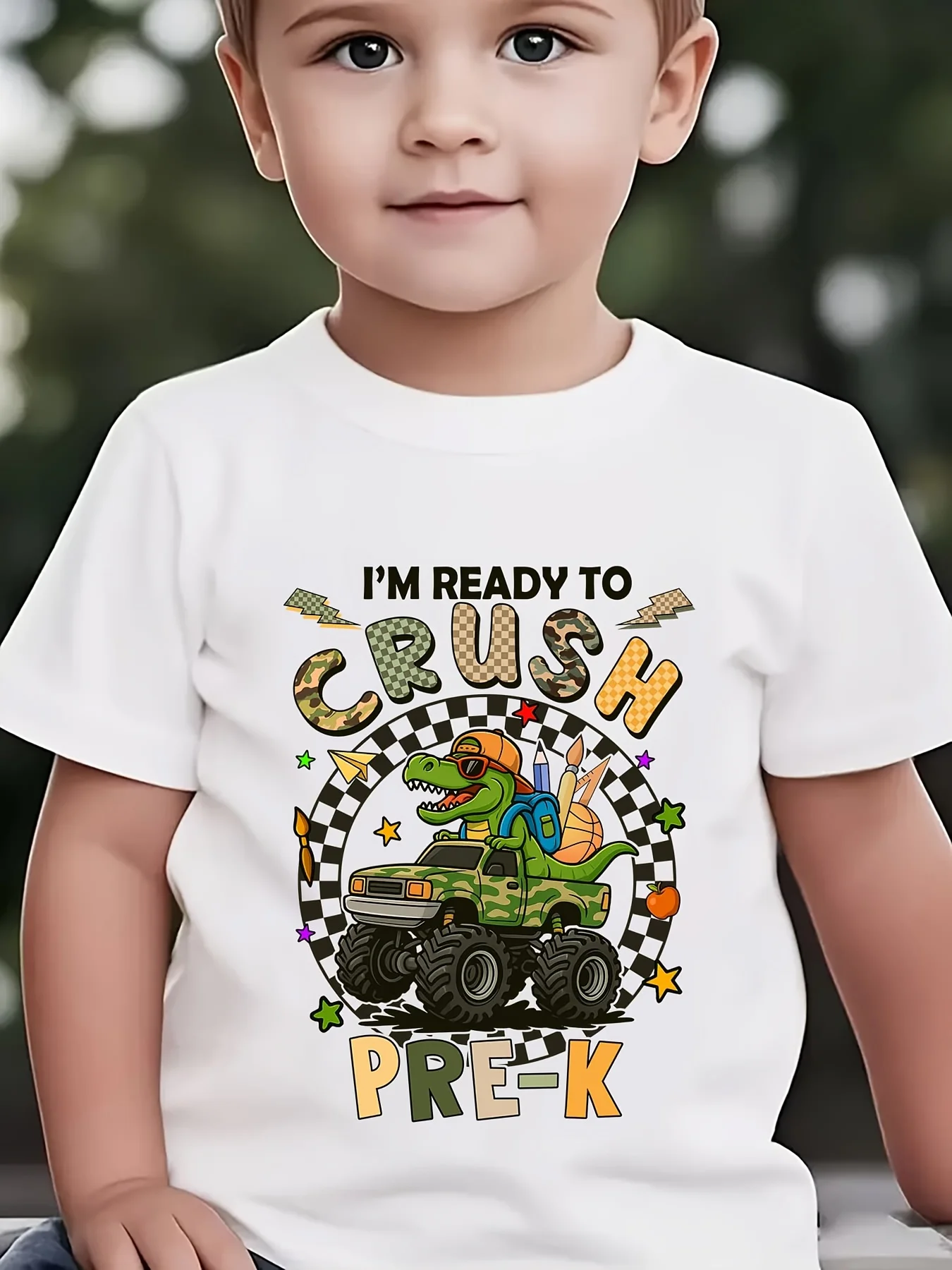 NY‑DX6110 Boys Back‑to‑School Pre‑K‑Theme Plaid‑Dinosaur‑Truck‑Print Casual Outdoor Short‑Sleeve Crew‑Neck T‑Shirt