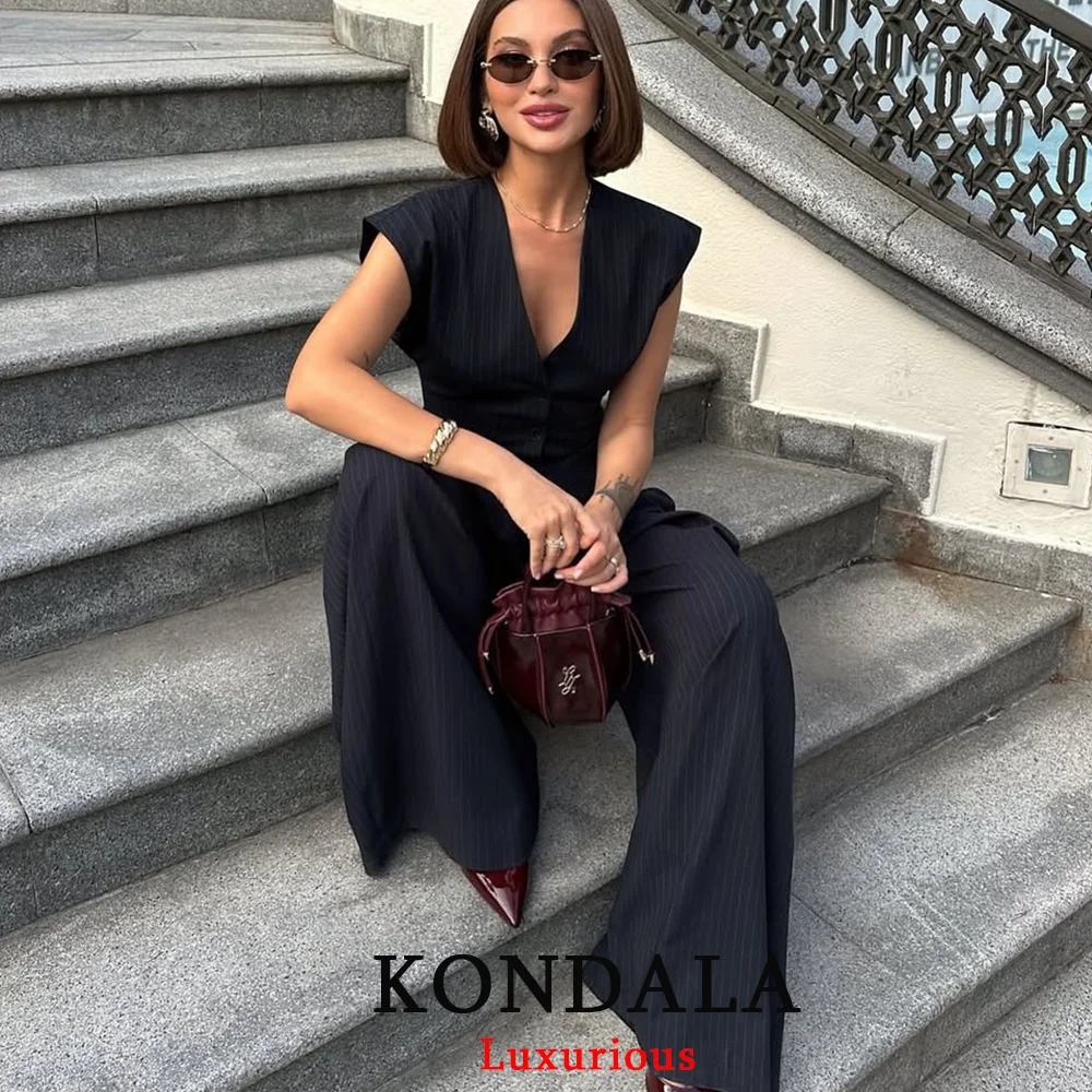 KONDALA خمر مخطط طباعة النساء الدعاوى الخامس الرقبة أزرار ضئيلة سترة عالية الخصر بنطال ذو قصة أرجل واسعة موضة 2025 الخريف مكتب الدعاوى