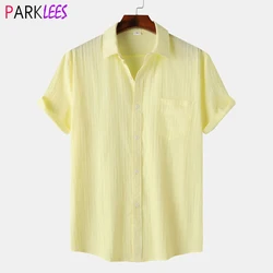 Yellow Jacquard Summer Beach Shirt Men 2024 Brand New Short Sleeve Button Down Hawaiian Shirt Casual Breathable Holiday Chemise