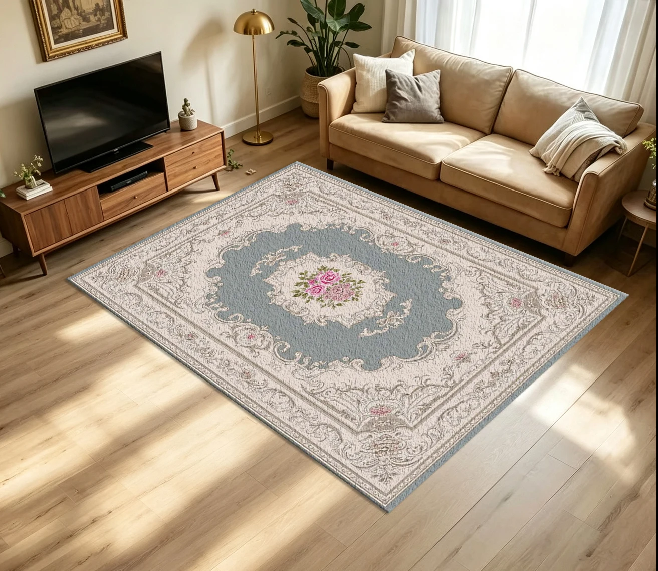 Elegant French Style Rose Floral Carpet Flooring Soft Blue Background Vintage Scrollwork Border Printed Floor Rug for Household Room Home Decoration