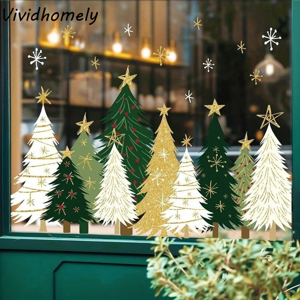 Reusable PVC Material Christmas Window Clings No-Adhesive No-Glue Static Stickers Tree Shape Snowflake Pattern Glass Decals