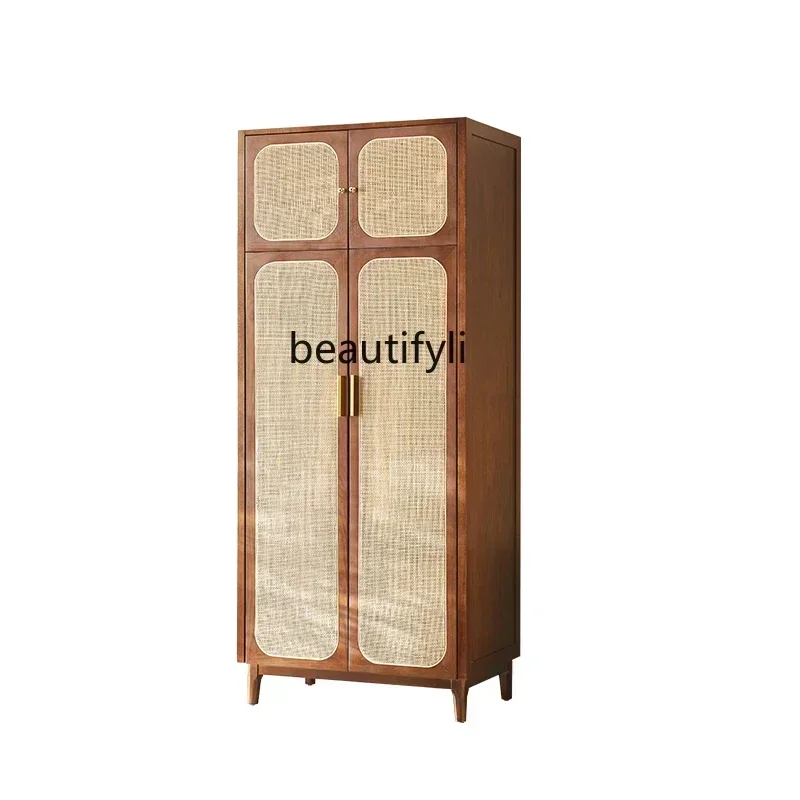 New Chinese Style Solid Wood Wardrobe Rattan Two-Door Wardrobe Nordic Retro Ash Storage Locker