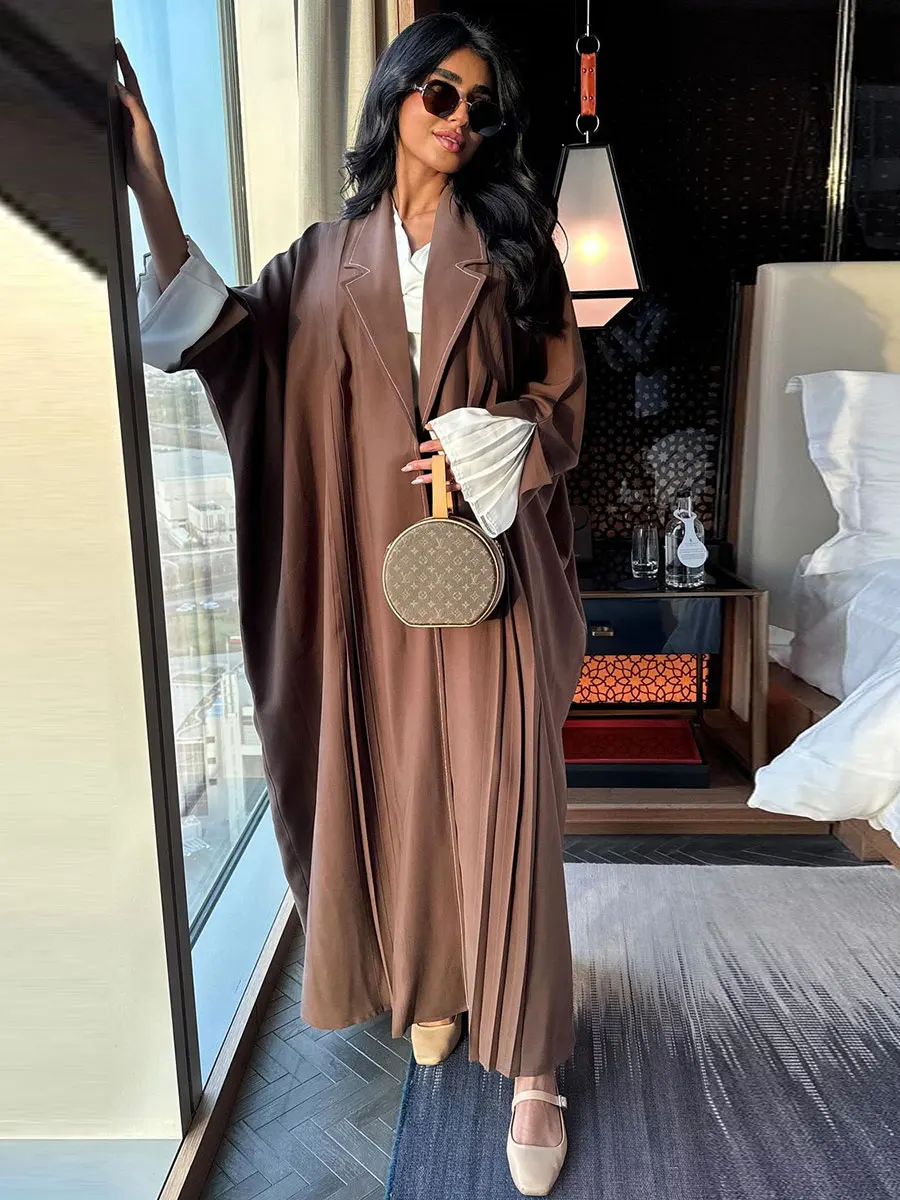 Dubai Lapel Collar Crimping Cardigan For Muslim Woman Batwing Sleeve Moroccan Saudi Urban Casual Open Abaya Fashion Kebaya 2024