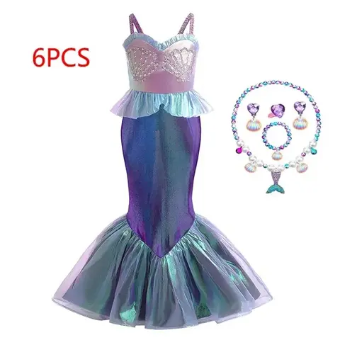 New Girl Mermaid Role Play Tulle Sticker Diamond Splice Holiday Strap Dress Embroidered Tail Beach Party Strap Dress 2-8 Years