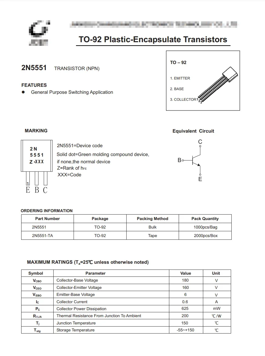 1000 قطعة 2N5551 TO-92 NPN 600MA 160V CJ الأصلي
