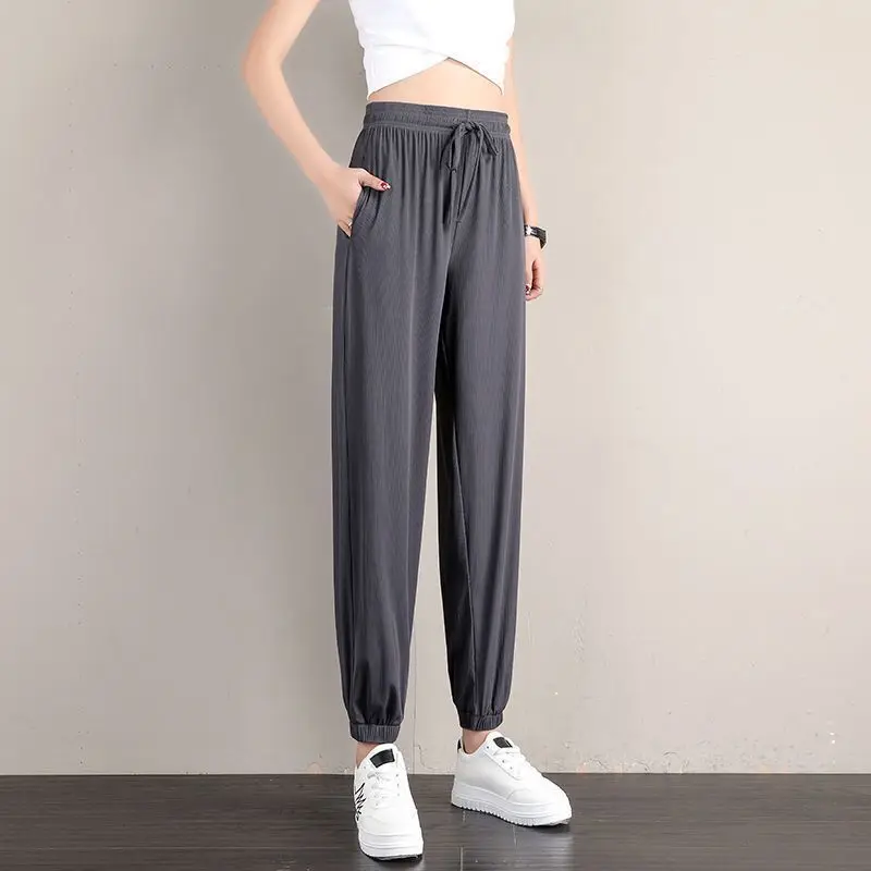 Pantaloni sportivi casual sottili con risvolto allentato in seta di ghiaccio Pantaloni Harlan a vita alta da donna Coreano Sle Pendolarismo Sle ket Nove punti