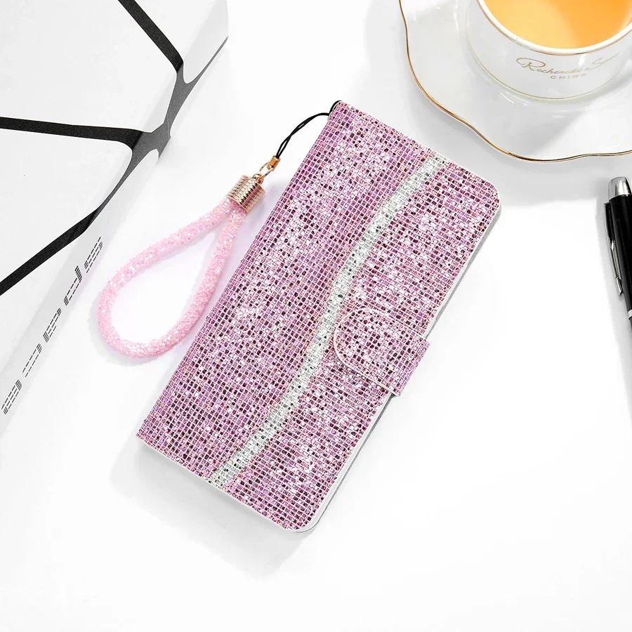 Wallet Flashing Powder Flip Leather Case For Samsung Galaxy S25 Edge S24 Ultra S23 Plus S22 S20 FE A16 A17 A26 A35 A36 A55 A56