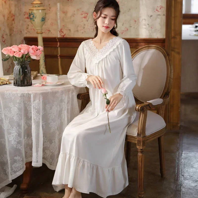 Women Vintage Long Sleeve Sexy Peignoir Nighty Victorian Nightgown Princess Sleepwear Fairy White Cotton Lace V Neck Night Dress